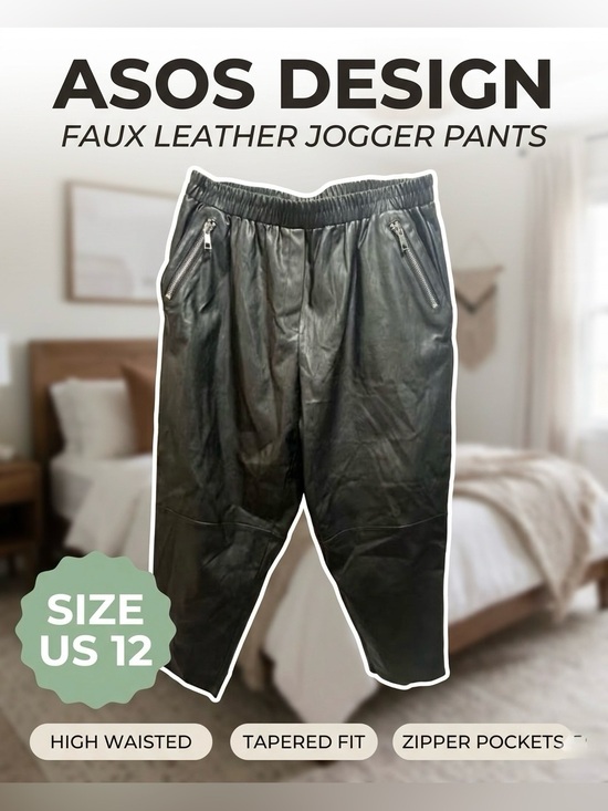 ASOS Pants - ASOS DESIGN Black Faux Leather Tapered Jogger Pants Size 12 Zipper Pockets